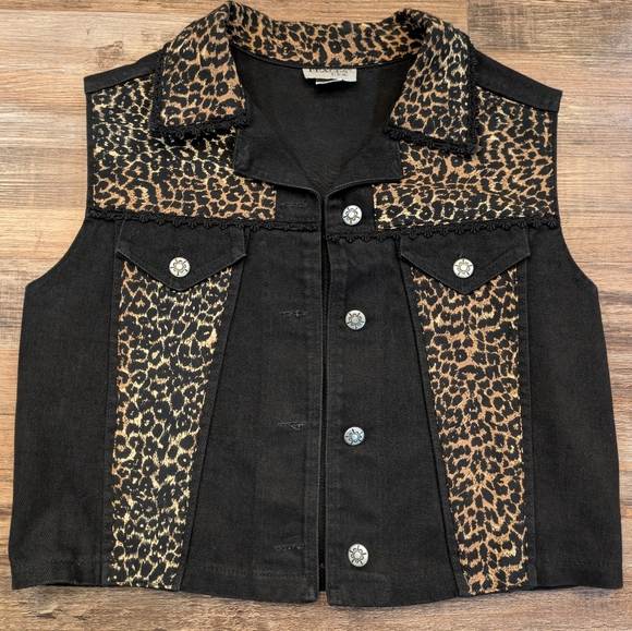 Vintage Jackets & Blazers - Vintage Peaces USA Leopard Print Denim Vest 90s Western Crochet Y2K Sz M